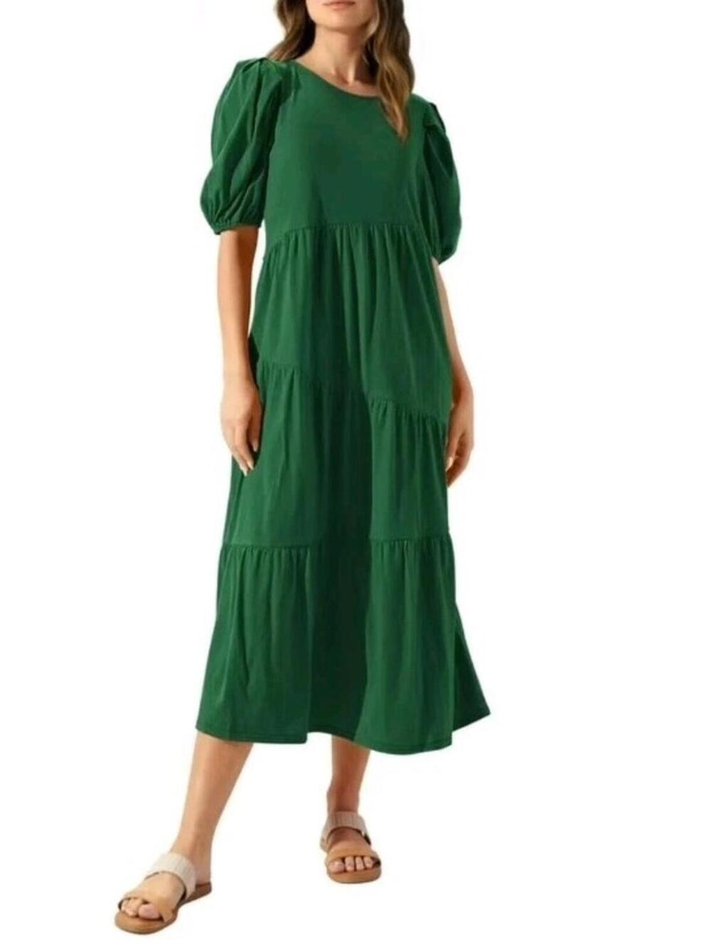 BTFBM Green Teel Cotton Poplin Tiered Maxi Puff Sleeve Boho Sundress Dress XL